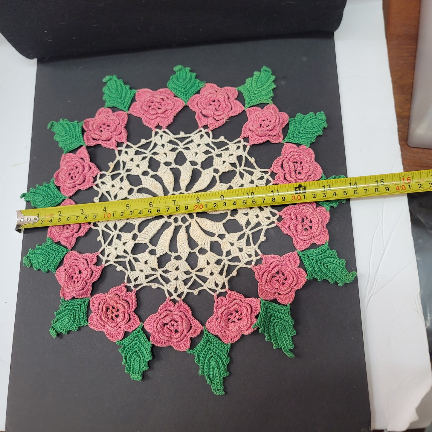 Vintage raised cream and pink and green Irish rose doily handmade crochet doilie