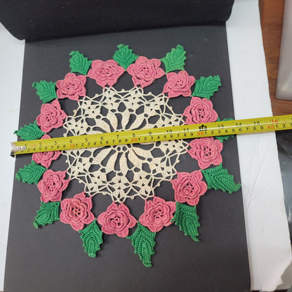 Vintage raised cream and pink and green Irish rose doily handmade crochet doilie