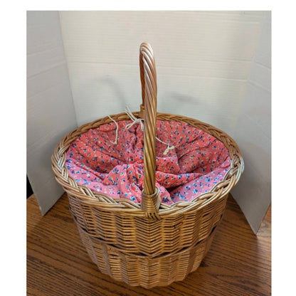 Vintage Woven Wicker Gathering Basket with Calico Drawstring Liner Sewing 18"