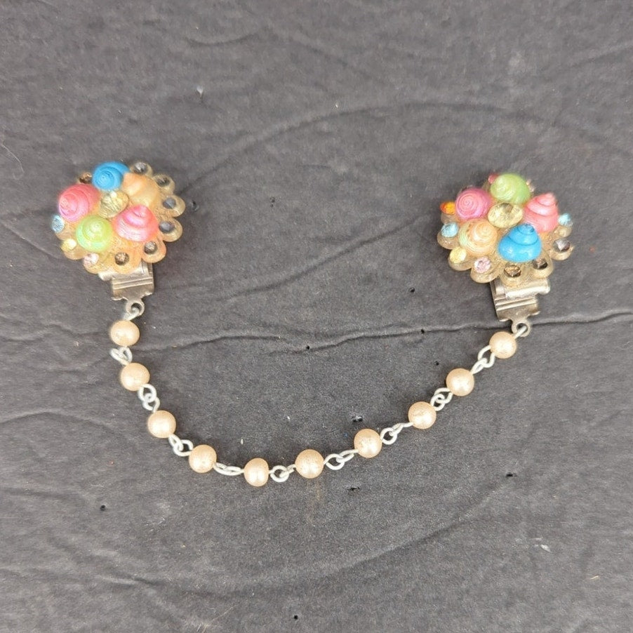 Vintage Pastel Shell Rhinestone Pearl Sweater Guard Clip Chain Cardigan Clamp