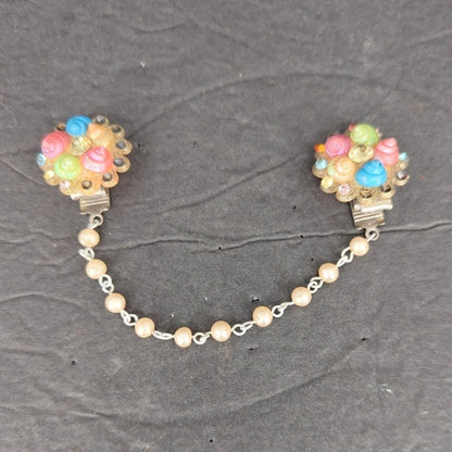 Vintage Pastel Shell Rhinestone Pearl Sweater Guard Clip Chain Cardigan Clamp