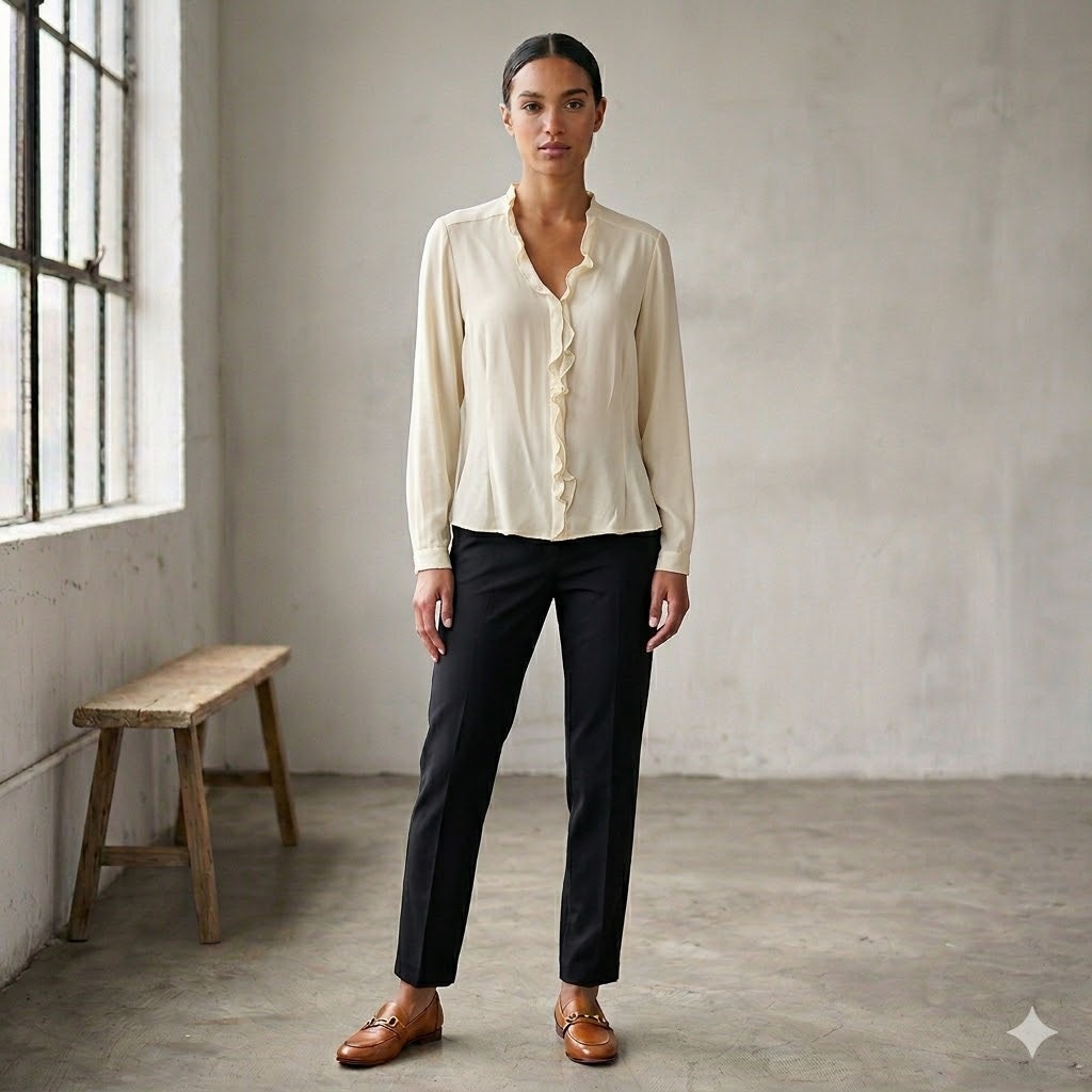 Jones New York Ruffle Silk Blouse Women 10 Cream Ivory Button Up Long Sleeve Top