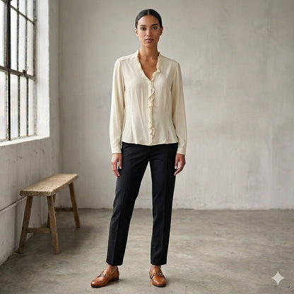 Jones New York Ruffle Silk Blouse Women 10 Cream Ivory Button Up Long Sleeve Top