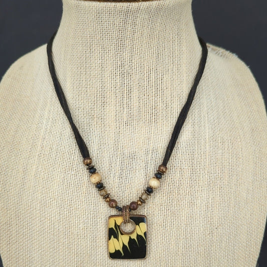 Vintage Mid-Century Kenneth Cole Enamel Square Pendant Cord Necklace Boho Chic