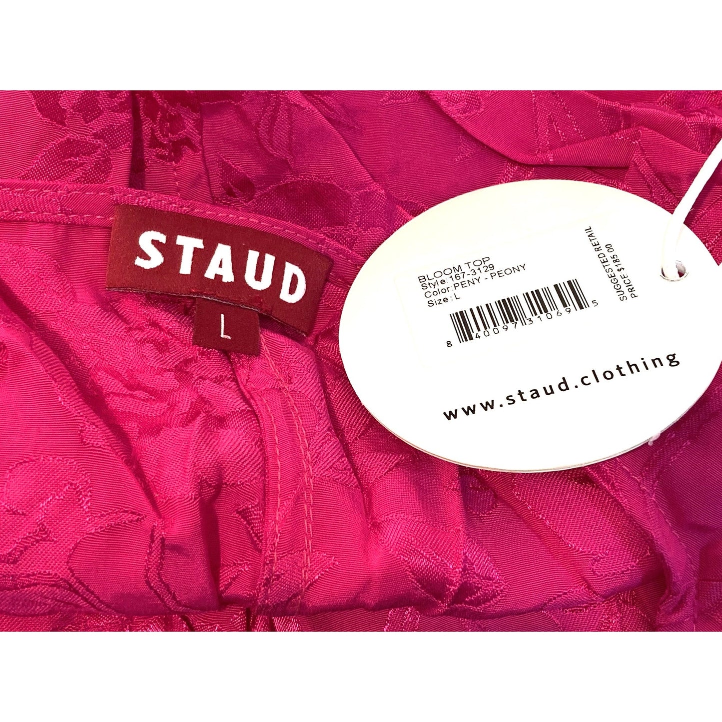 Staud Bloom Top V-Neck Ruched Drawstring Crop Top Size Large in Peony Pink NWT