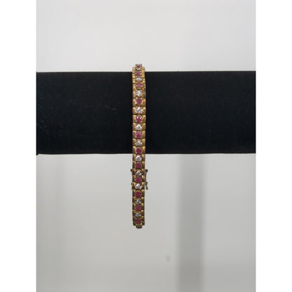 Vintage BRACELET Ruby Diamond 925 Tennis 8" Sterling Silver Red