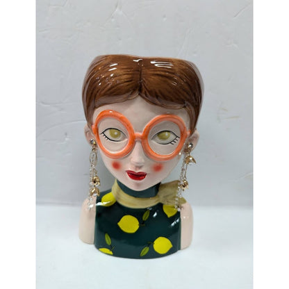 Large Ceramic Fruit lady headvase planter Multi 9" tall LEMON LUSH spectacles