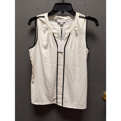 Calvin Klein Chiffon tunic top SMALL white black trim Sleeveless casual NWT