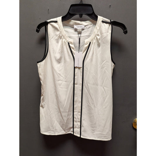 Calvin Klein Chiffon tunic top SMALL white black trim Sleeveless casual NWT