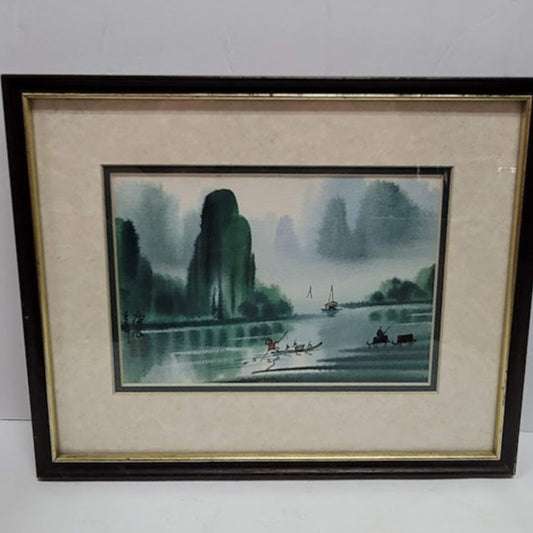 Vintage Chinese Landscape Painting Guilin Li River Mountain Watercolor Lang Chun