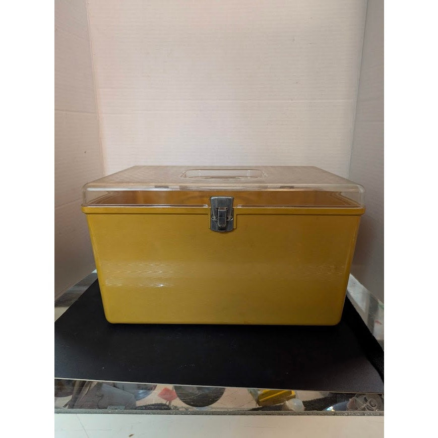 Vintage Wil-Hold Wilson yellow sewing box clear textured lid Harvest Gold 1970