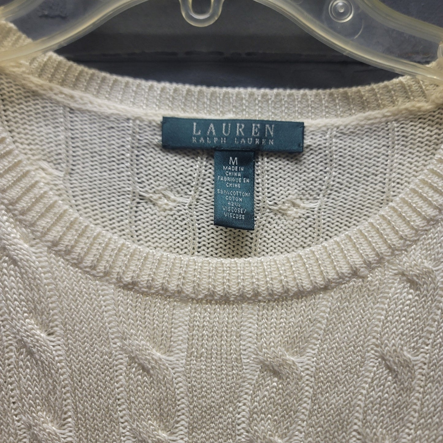 Lauren Ralph Lauren Cream Cable Knit Button Shoulder Sweater Medium Preppy Chic