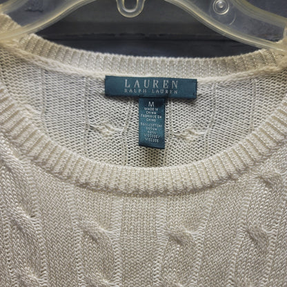 Lauren Ralph Lauren Cream Cable Knit Button Shoulder Sweater Medium Preppy Chic