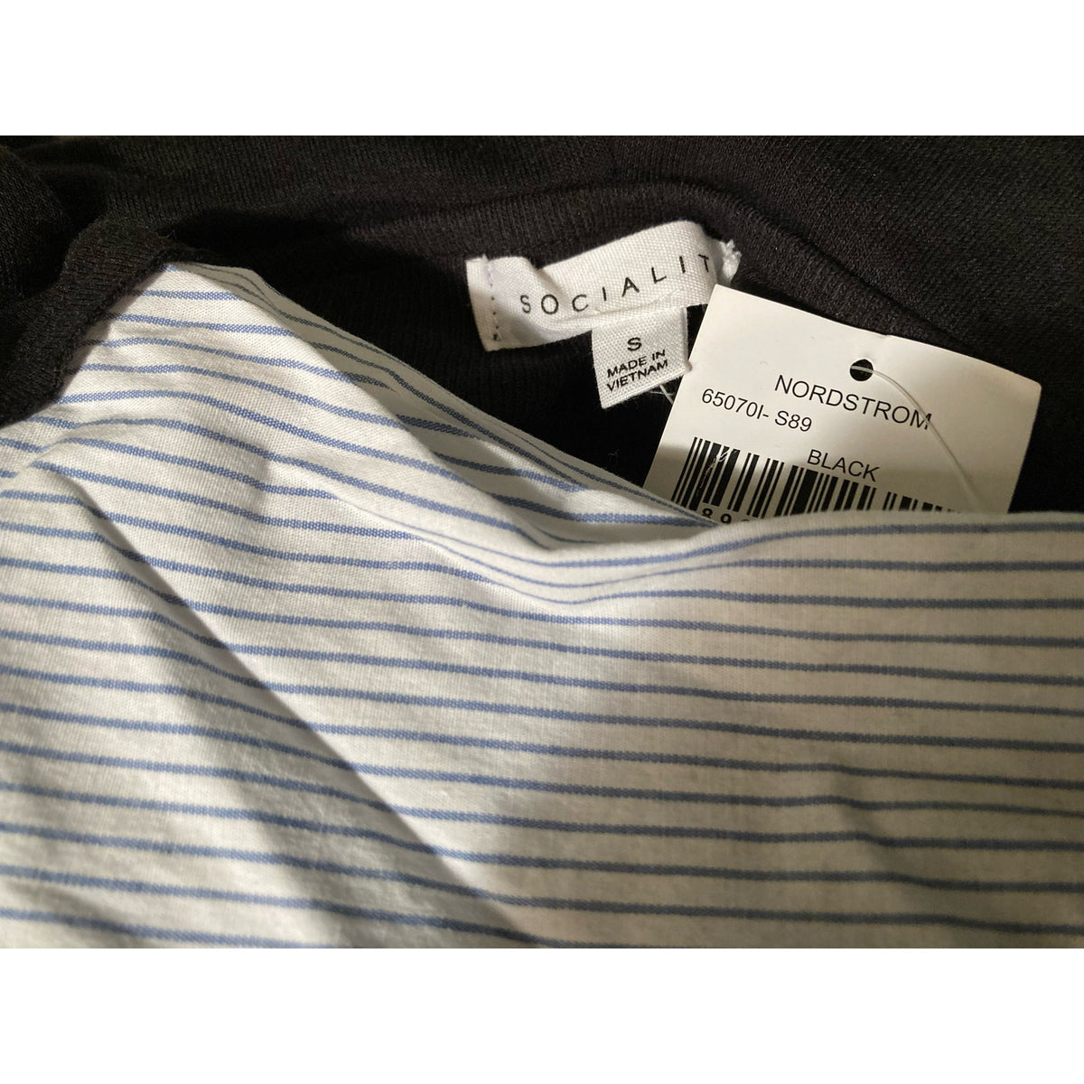 Socialite Cowl Neck Twofer Top Small Black with Blue & White Pinstripe NEW