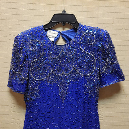 Stenay Vintage 80s Silk Sequin Beaded Knee High 6P Dress Electric Blue Cocktail