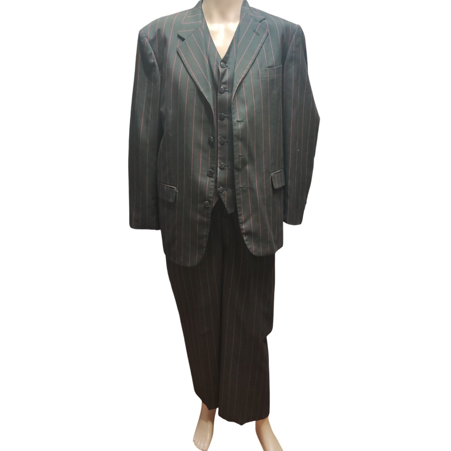 Vintage Mens SoHo Black Red Pinstripe 3 pc Suit 40R Jacket Pants Vest Dandy