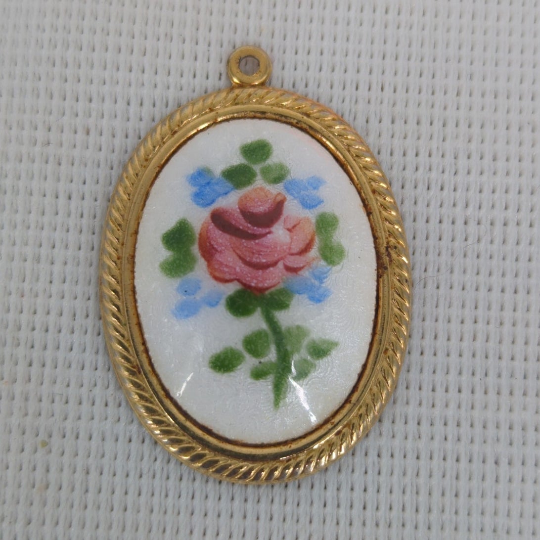 Vintage Hand Painted Floral Pendant Gold Tone Frame Oval Rose Medallion
