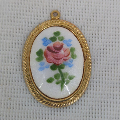 Vintage Hand Painted Floral Pendant Gold Tone Frame Oval Rose Medallion