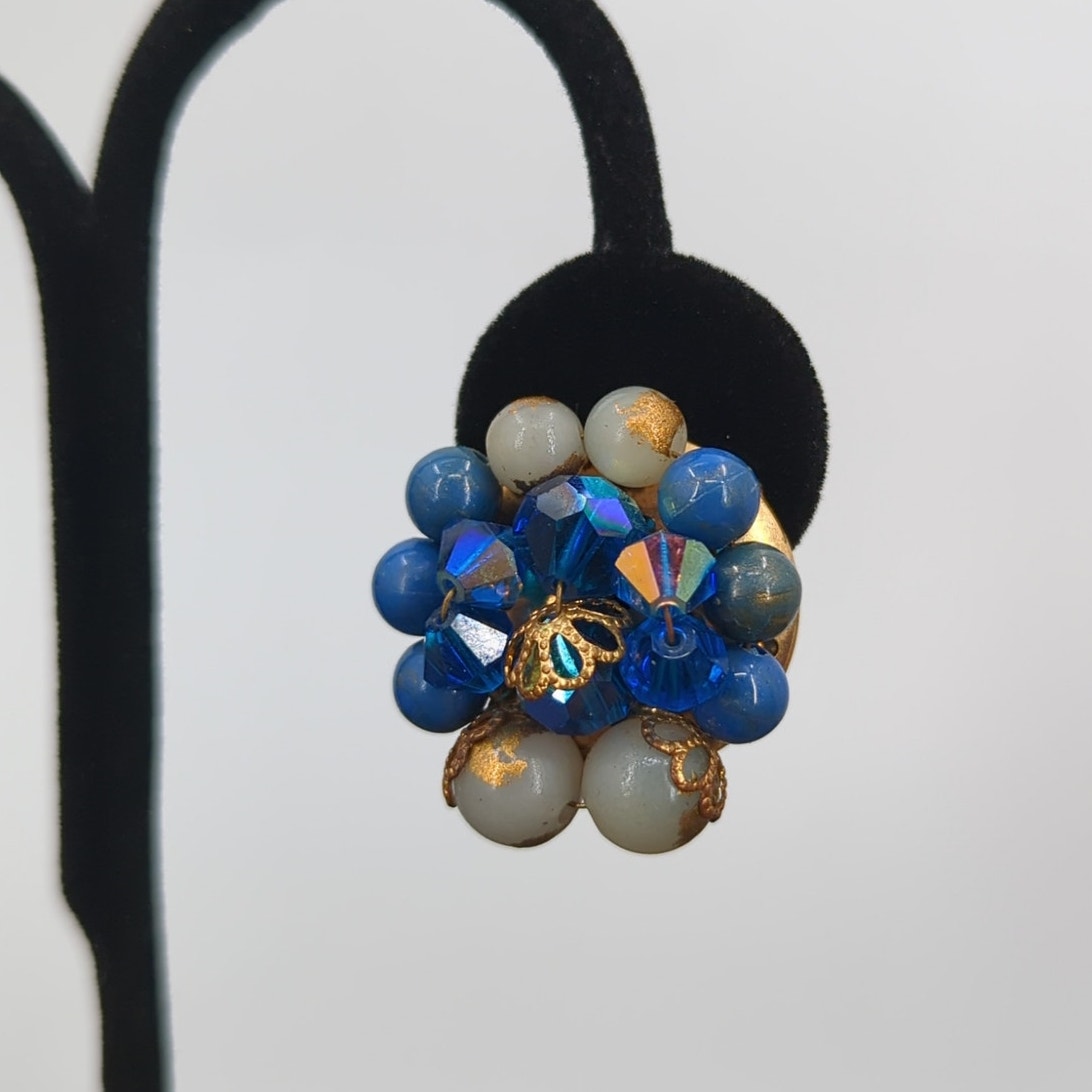 Vintage Blue & Gold Rhinestone Layered Sunburst Cluster Clip On Earrings