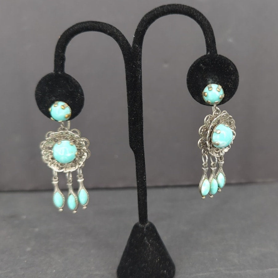 Vintage Y2K Turquoise Silver Tone Filigree Chandelier Screw Back ClipOn Earrings