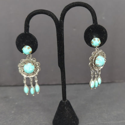Vintage Y2K Turquoise Silver Tone Filigree Chandelier Screw Back ClipOn Earrings