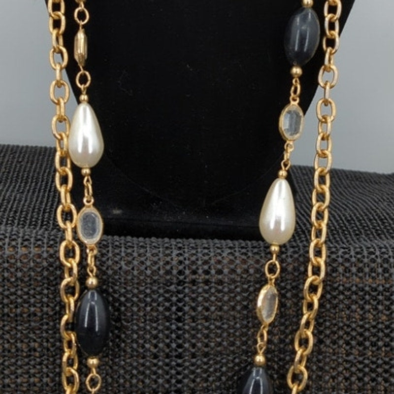 Vintage Premier Designs Multi-Strand Faux Pearl & Onyx Necklace 18"