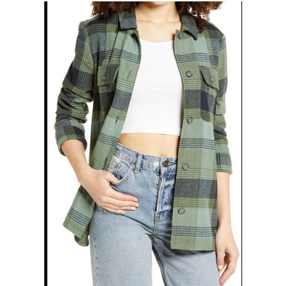 BP Women's oLIVE branch Green Shirt Jacket Plaid Check pockets button up Flannel