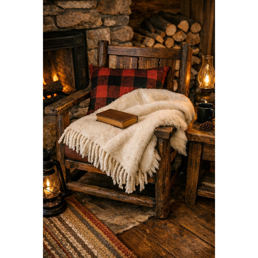 Vintage Cream 100% Wool Throw Blanket with Fringe 44x34 cottagecore cabin