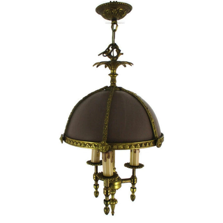 French Empire bouillotte Chandelier 3 light brown tole garland Metal guirlandes