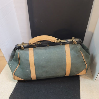Vintage Angus Teal Green Canvas Leather Doctor Bag Tool CarryAll Travel Satchel
