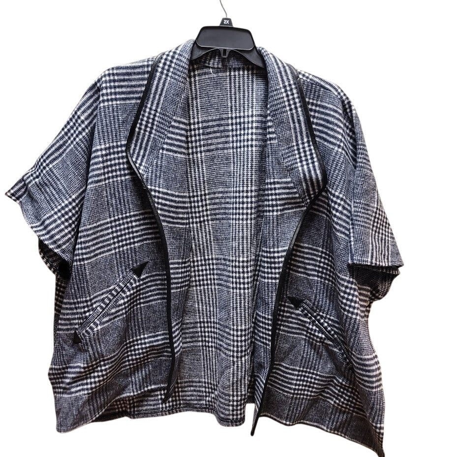 Black Gray White Reversible Plaid Cape Faux leather trim Shawl Jacket XL / LARGE