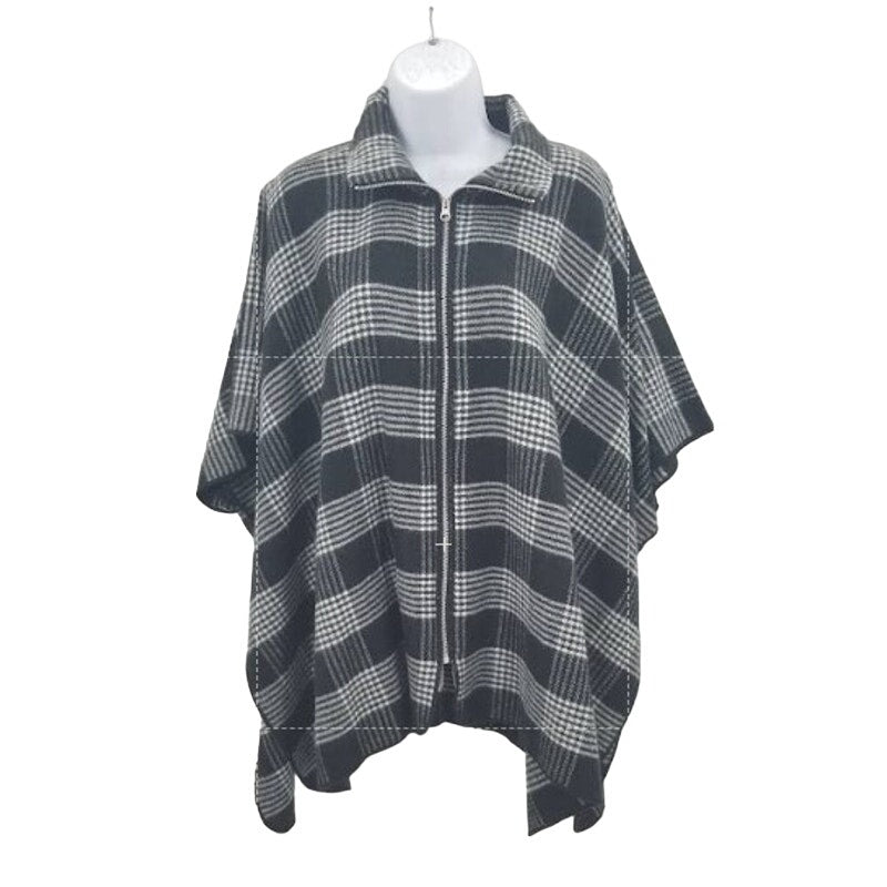 Vintage Black White Plaid Metal Zipper Poncho Wrap One Size Sweater CoverUp