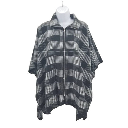 Vintage Black White Plaid Metal Zipper Poncho Wrap One Size Sweater CoverUp
