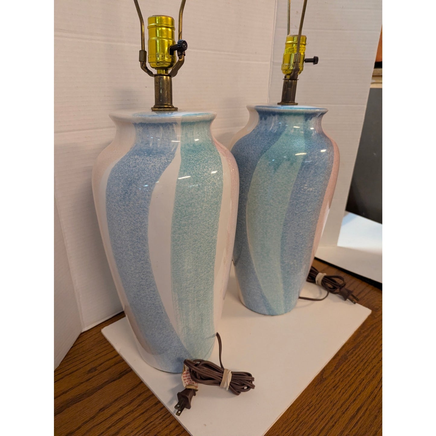Vintage Montgomery Ward Pastel Ceramic Table Lamps Set Blue Pink Swirl Retro