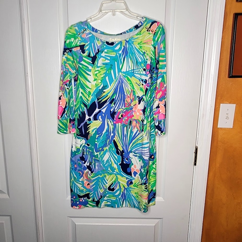Lilly Pulitzer Sophie Shift Dress PURRFECT 3/4 Sleeve Gold Button Detail Small