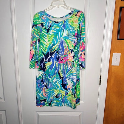 Lilly Pulitzer Sophie Shift Dress PURRFECT 3/4 Sleeve Gold Button Detail Small