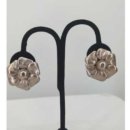 Vintage Silver Tone Sculptural Geometric Flower Clip On Statement Earrings Retro