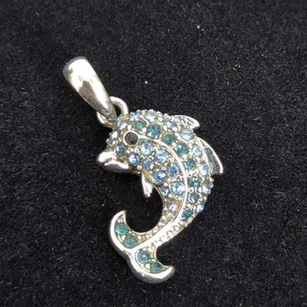 Vintage Silver Tone Blue Rhinestone Dolphin Charm One Inch Coastal Nautical