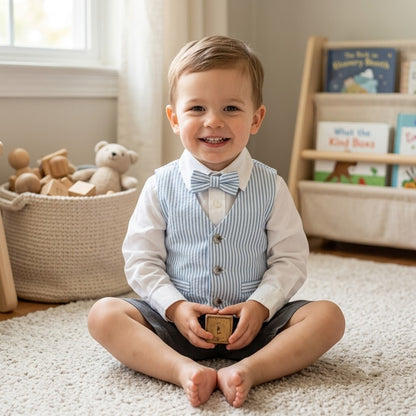 Dapper Dudes Vintage Blue White Striped Seersucker Toddler Dress Vest Bow Tie 4T