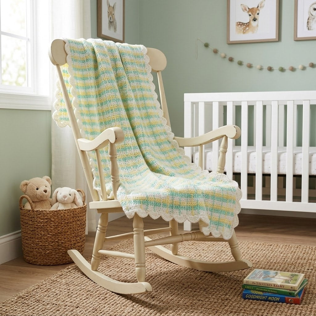 Vintage Hand-Crochet Pastel Plaid Baby Blanket with Scalloped Border