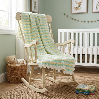 Vintage Hand-Crochet Pastel Plaid Baby Blanket with Scalloped Border