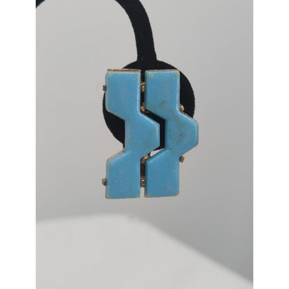 Vintage Mid Century Blue Geometric Zig Zag Clip On Earrings Retro Mod Statement