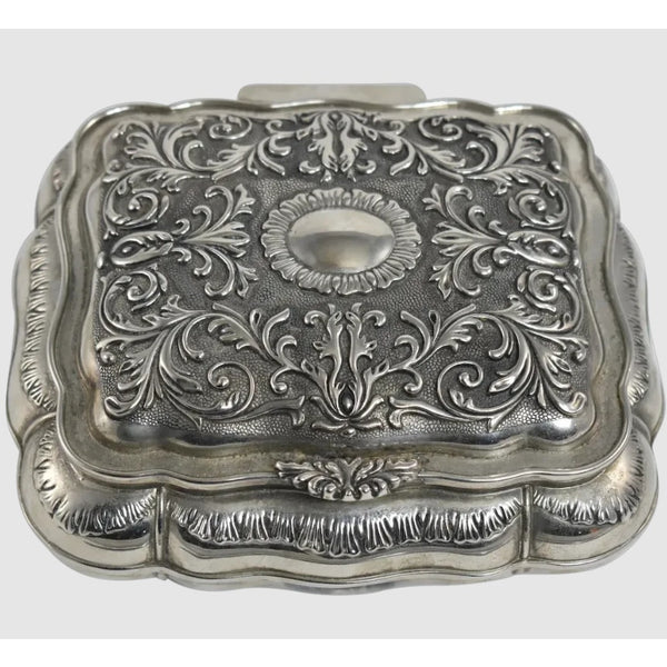 LARGE Silver Plated Elaborate Scroll Work Red Velvet Lined Jewelry Box UNPOLISH
