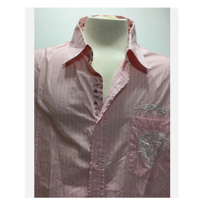 Y2K Pink White Striped Ed Hardy Top long sleeve Blouse Medium embroidered