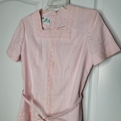 Vintage Medium Pink Dress 1960s Mr. Jack Dallas Belted drop waist Short Sleeve