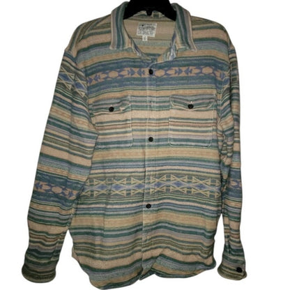 Lucky Brand Men's Green Tan Patterned Shirt Jacket Aztec Button Down LARGE heavy