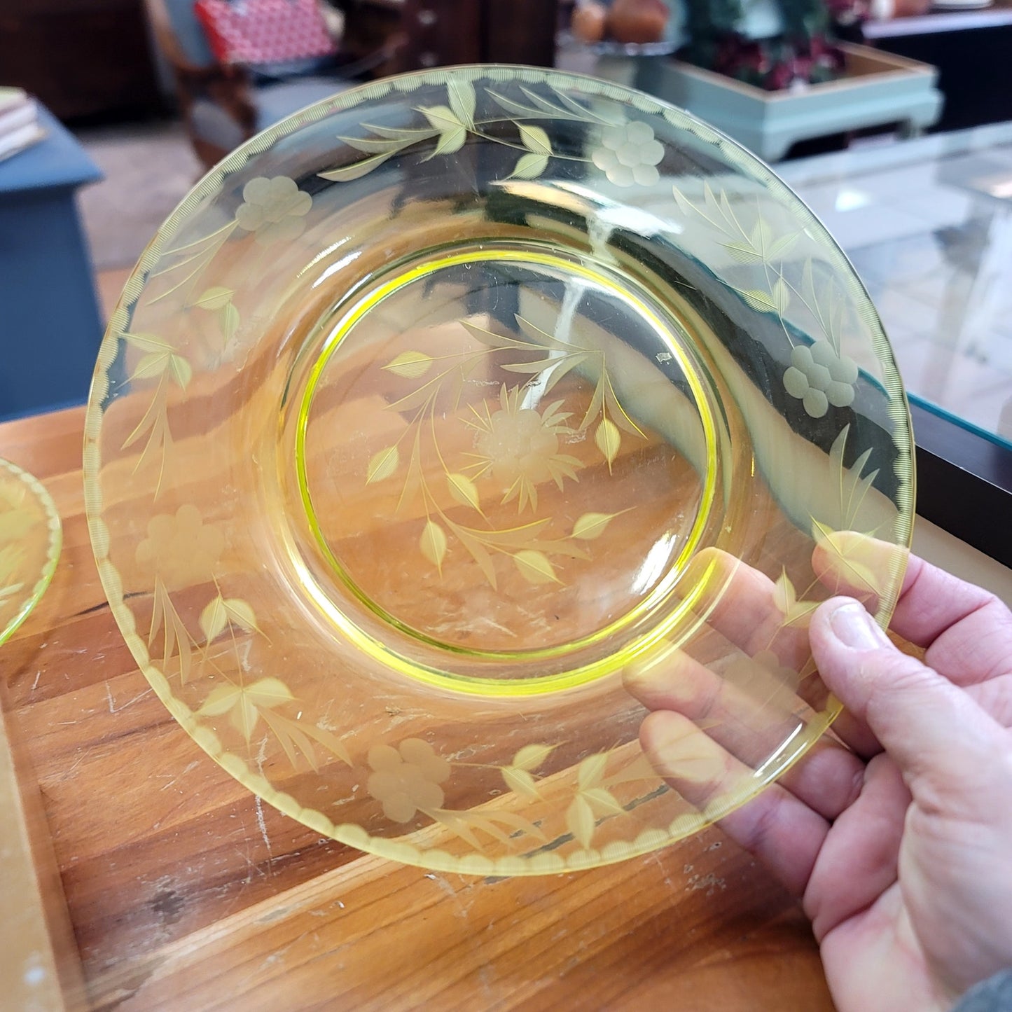 Antique etched glass depression plate yellow uranium