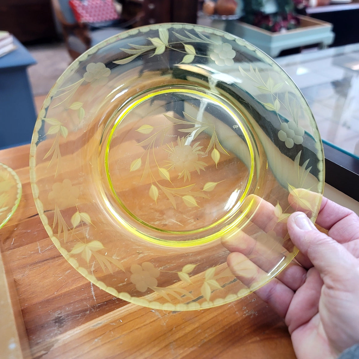 Antique etched glass depression plate yellow uranium