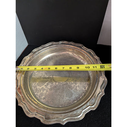Vintage Hollywood Regency Silverplate Footed Round Platter Ornate Serving Tray
