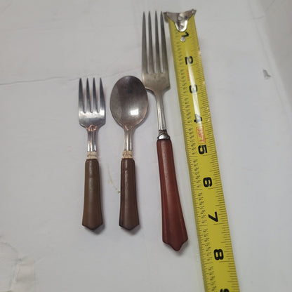 Set of 3 Bakelite Butterscotch Brown Handled Fork and child set Stainless Steel